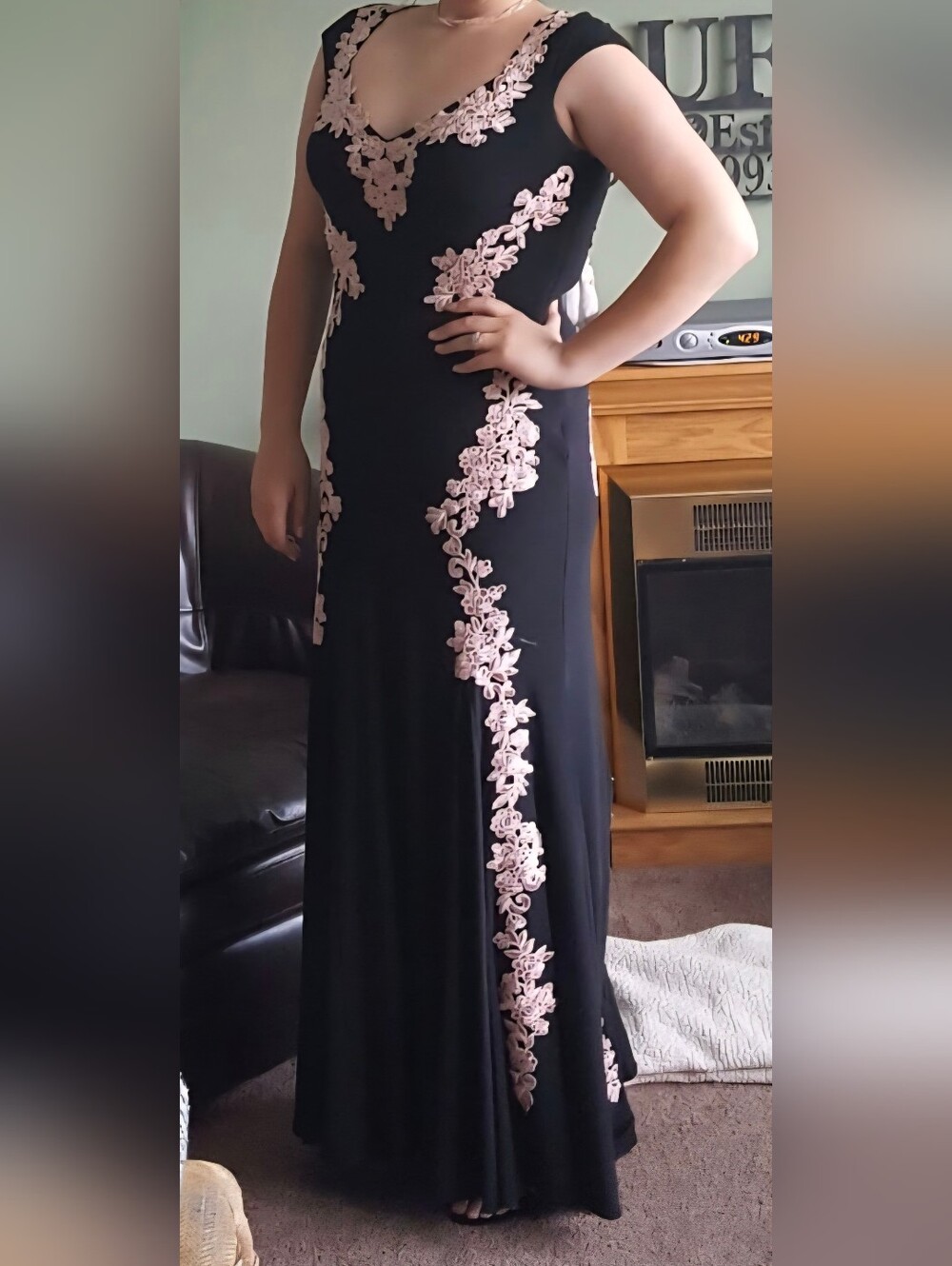 Betsy Adams Black Evening/Prom Gown with Rose Gold Appliques and Train. Size 12